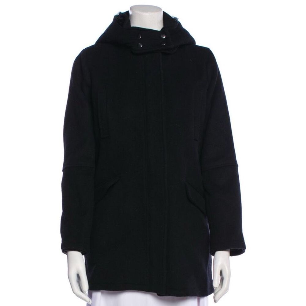 Vince Black Wool Coat with Faux Fur Hood XL